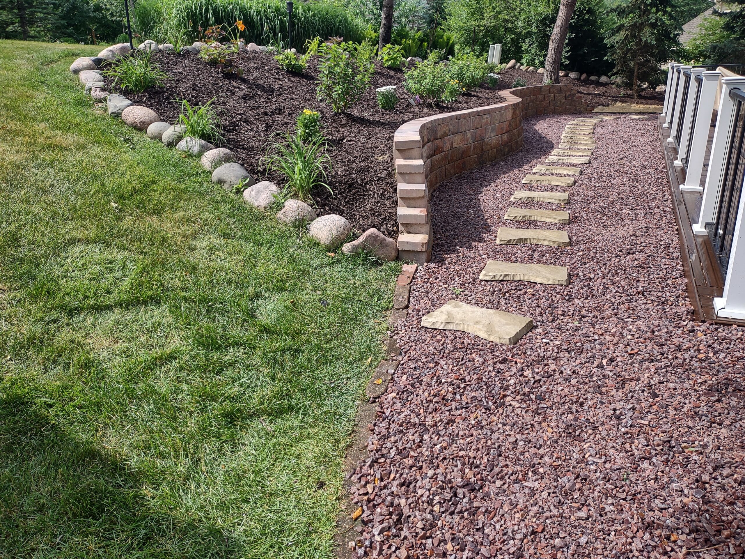 Garden retaining wall with rock border and walkway